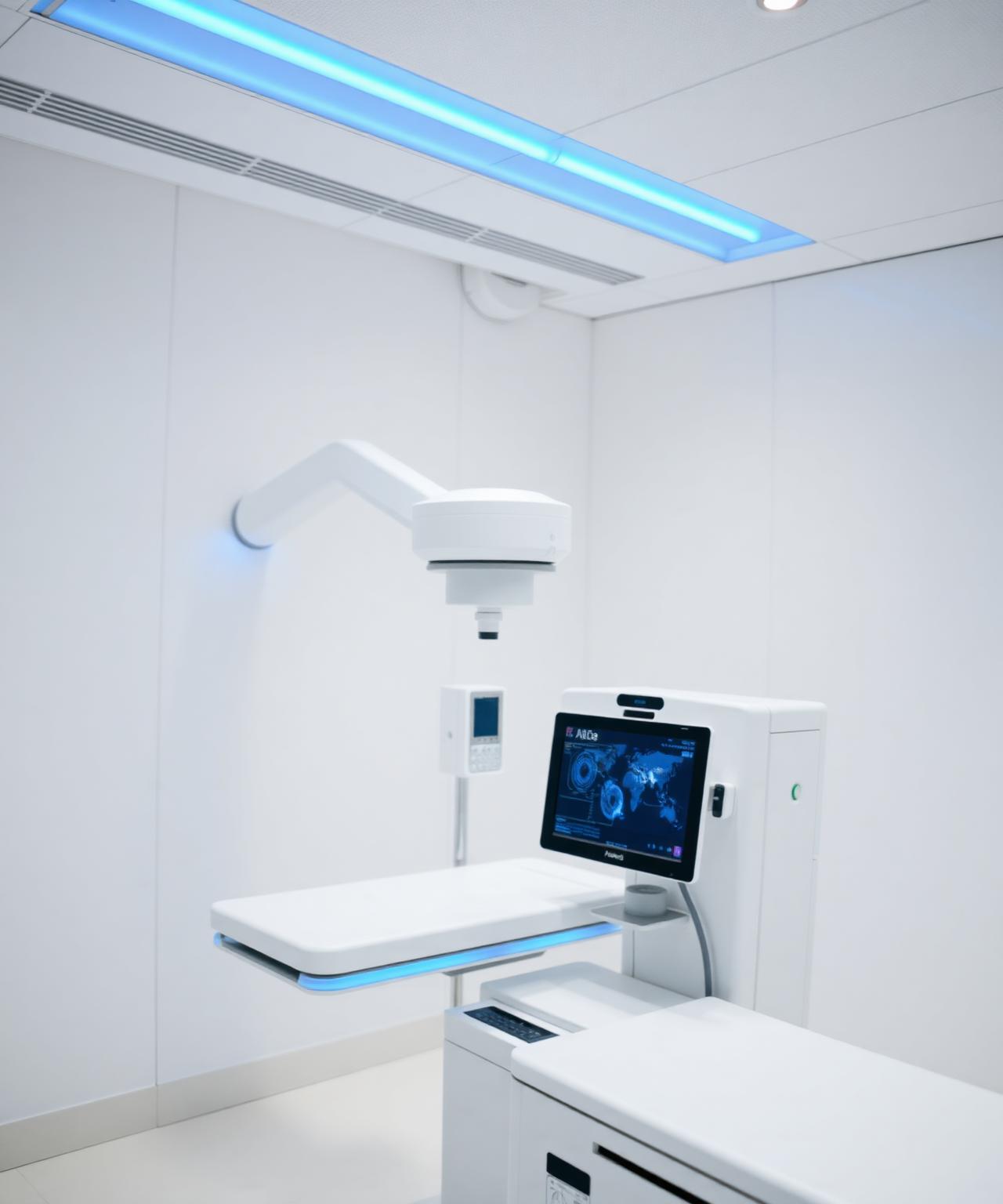Modern medical diagnostic suite with cyan LED accent lighting